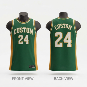 Maillot de basket personnalisé vert et or 24, sublimé, en mesh, sans manches, pour homme adulte, uniforme d'équipe, vêtement de sport respirant - Product Image 1