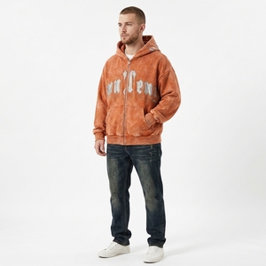 Sweat à capuche oversize pour homme, style streetwear, délavé à l'acide, imprimé lettres, broderie chenille, couleur foncée - Product Image 1