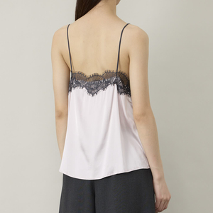 Women's <strong>Pink</strong> Satin Camisole with Black Lace Trim, V Neck Spaghetti Strap <strong>Silk</strong> Feel Cami <strong>Top</strong> - Product Image 4