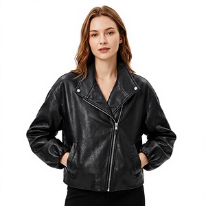 <b>Women's</b> <b>Black</b> Textured Faux Leather Motorcycle Jacket Turn Down Collar Patch Pockets Belted Waist Autumn <b>Coat</b> - Product Image 4
