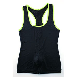 Men's Lightweight Black Mesh Tank <b>Top</b> with <b>Neon</b> Green Trim Breathable Sporty Knitted V-Neck Hollow Out Design - Product Image 4