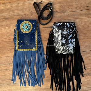 Best-Selling 2025 Handmade Hair on Cowhide <b>Fringe</b> Crossbody Mobile Bag for Women Western Genuine Leather Concho Cell Phone Purse - Product Image 4