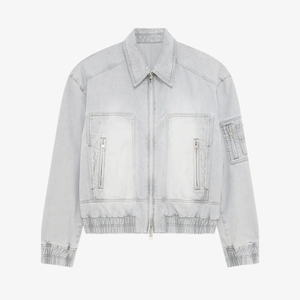 Veste décontractée streetwear tendance en jean polyester/coton, coupe courte et large, col rabattu, effet vieilli et délavé, avec fermeture éclair – Nouvelle collection très prisée - Product Image 1