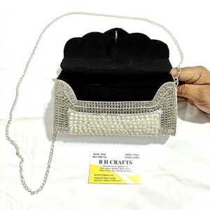 Metal Beaded Stone Pattern Clutch Bag with Cotton <b>Lined</b> Magnetic Snap Closure Shoulder Bag and Handbag for Weddings - Product Image 4
