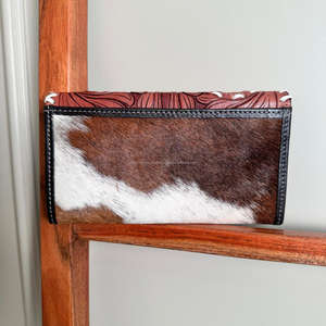 New Arrival Genuine Cowhide Fur Leather Clutch Hand Tooled Carving Women Western Style New Pattern Multi Uses Card Holder Clutch - Product Image 5