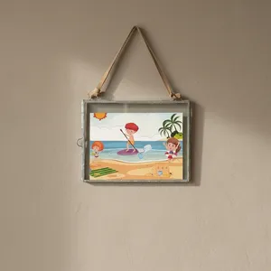 Iron and glass Rectangle Photo <b>Frame</b> With Hanging suede decorative <b>wall</b> picture <b>frame</b> with gray finish - Product Image 3