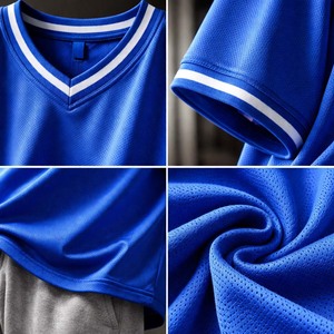 Camiseta deportiva oversize para hombre, azul, cuello en V, malla, estilo urbano, con logo personalizado - Product Image 4