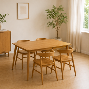 ARTERRA Premium Japandi Teak Wood <b>Dining</b> Set Modern Rectangle Table Curved Back <b>Chairs</b> for Apartment - Product Image 6