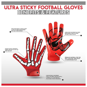 Skull Football <b>Gloves</b> Tacky Grip Skin Tight Skeleton Pro Elite Sticky Receiver American Football <b>Gloves</b> Adult & Youth Sizes - Product Image 6