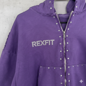 Sweat à capuche oversize streetwear délavé à l'acide avec logo sérigraphié, strass personnalisés, épaules tombantes, effet usé, unisexe, avec fermeture éclair - Product Image 5
