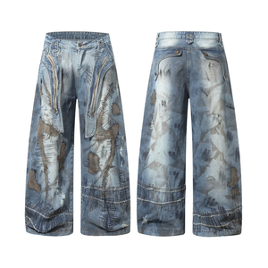 Wholesale Custom street wear Dark Blue Fashion Denim 100% Cotton Washed Straight Wide Leg Plus Size Men Baggy Jeans <b>Pants</b> - Product Image 3