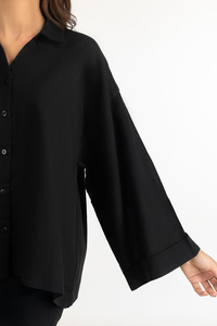 Camiseta Negra con Botones para Mujer, Diseño Nuevo, Talla Grande, Corte Holgado, Dobladillo Asimétrico, Estilo Casual para el Día a Día - Product Image 5