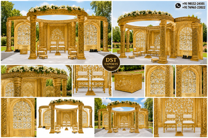 Mandap de mariage doré de luxe avec piliers sculptés ornés, grand mandap de mariage de destination avec finition royale dorée à vendre - Product Image 6