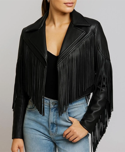 Chaqueta de moto con flecos de cuero genuino para mujer, cuello extendido, manga larga, longitud corta, para otoño. - Product Image 3
