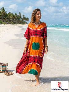 Printed <b>Kaftan</b> Dress Women <b>Summer</b> Beach Cover Up Loose Fit Silk Cotton Rayon Polyester Custom Manufacturer Bulk Order Supply - Product Image 2