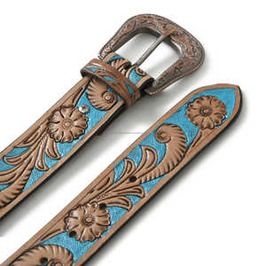 Hand-<b>Tooled</b> Western Belt Artisan Blue Brown Carved Leather Solid <b>Engraved</b> Buckle Custom Branding Available - Product Image 3