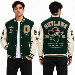 Blouson universitaire Outlaw brodé, style cowboy, avec manches en cuir et laine, personnalisable, fournisseur OEM - Product Image 2