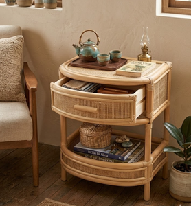 Premium Natural Rattan <b>Bedside</b> Table Handcrafted Nightstand with Drawer and Open <b>Storage</b> Shelf for Bedroom or Living Room - Product Image 6