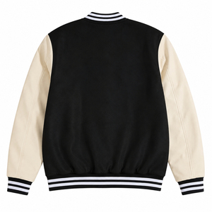 Veste de baseball Varsity pour homme, noire, style bomber, manches contrastées, col et poignets côtelés, boutons pression, logo personnalisé, streetwear - Product Image 2