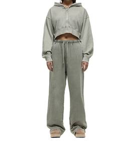 Ladies Cropped Hoodie & Wide Leg Pants <b>Set</b> Minimal Athleisure Outfit Cropped Zip Hoodie <b>Sweatpants</b> <b>Set</b> Women Loose Fit Fashion - Product Image 3