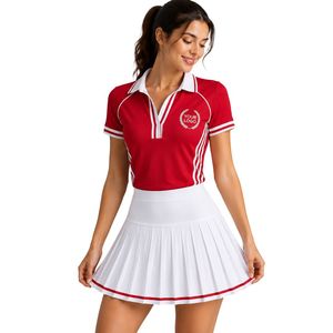 ชุดเสื้อโปโลเทนนิสกอล์ฟสีแดงขาวสำหรับผู้หญิง กระโปรงจีบ ชุดกีฬาออกกำลังกายแบบกำหนดเอง ระบายอากาศได้ดี แห้งเร็ว ชุดกีฬาประสิทธิภาพสูง - Product Image 1