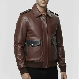 <b>Brown</b> with Turn-down Collar Mens Premium Soft <b>Leather</b> Winter <b>Jacket</b> Men 100% Polyester Vintage Bomber <b>Jacket</b> - Product Image 5