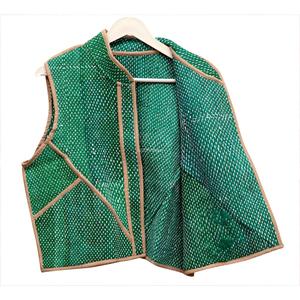 Chaqueta sin mangas de punto con estampado verde, cuello mandarín y ribete en contraste, de algodón transpirable, para otoño y verano. - Product Image 3