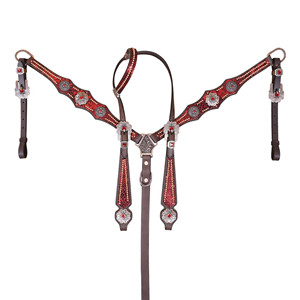 Conjunto de cabezada y pechera de cuero oscuro con concho brillante, revestimiento suave de serpiente y tachuelas de cobre - Product Image 3