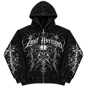 Black Washed Zip <b>Hoodie</b> French Terry Streetwear Breathable <b>Gothic</b> Customized Design High Quality 350grams Unisex Custom Front - Product Image 1
