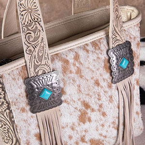 Women's Western <b>Tooling</b> Leather <b>Tote</b> <b>Bag</b> Zipper Leather Fringe Turquoise Stone Accent Stylish Cowgirl Handbag Rustic Foldable - Product Image 3