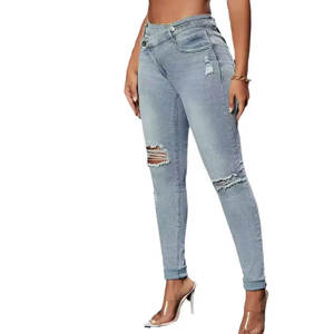 Pantalones largos de mezclilla rasgados azules para mujer al por mayor con cremallera y bolsillos, estilo motero, vaqueros negros desgastados para mujer - Product Image 1