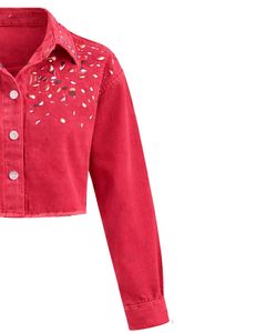 Veste en jean courte pour femme, rouge vif personnalisée, avec fermeture boutonnée sur le devant ornée de strass, manches longues, style streetwear tendance - Product Image 4