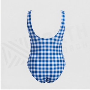 Women's Blue <b>Checkered</b> One-Piece Swimsuit With Front Zipper Scoop Neck High Waist Design - Product Image 2