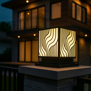 Lampe de poteau de portail LED moderne à motif ondulé CM Decor, extérieur, villa, noir, acier thermolaqué de haute qualité, lumière chaude, 12 pouces - Product Image 6