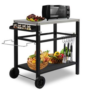 Carrello Multifunzionale in Acciaio Inox con Griglia Piana, Tavolo da Lavoro Mobile per BBQ, Due Ruote, Ganci e Accessori per Preparazione Cibo - Product Image 2