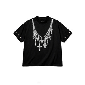 Y2K Gothic <b>Cross</b> <b>Chain</b> Print Men's shirts Oversized Black Heavyweight Cotton Streetwear Hip Hop Loose Fit Punk Crewneck Tees - Product Image 2
