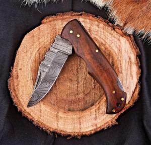Nordic Forge Industrial Grade Damascus Steel Folding Blade Knife Rosewood Handle Leather Sheath Pocket EDC Hunting Camping Knife - Product Image 2
