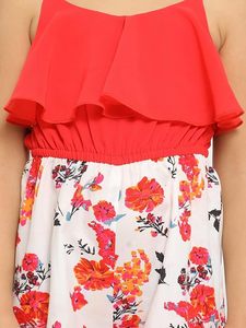 Combinaison simple à imprimé floral pour filles, haut rouge, bas blanc, bretelles spaghetti, sans manches, col carré, short en coton imprimé respirant - Product Image 3
