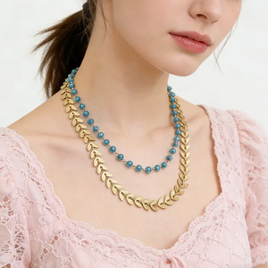 Collar Unisex de Doble Capa con Hojas, Acero Inoxidable 304 Resistente al Agua, Cadena con Cuentas Chapada en Oro de 18K - Product Image 1