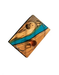 Plateau de service multifonctionnel en bois et résine époxy, fait main, design moderne, avec poignées, plateau décoratif pour charcuterie, pour la cuisine et la salle à manger - Product Image 2