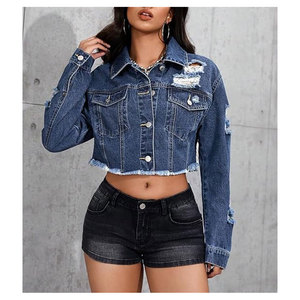 เสื้อแจ็คเก็ตยีนส์ครอปสำหรับผู้หญิง แขนยาว แต่งขาด กระดุมผ่าหน้า ชายดิบ ดีไซน์ขาดๆ แบบสั้น สไตล์ลำลองแนวสตรีทแฟชั่น - Product Image 3