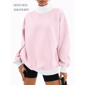 Sudadera Oversize de Cuello Alto a Rayas Rosa y Blanco para Mujer, Jersey de Manga Larga a Rayas con Logo Personalizado, Top de Felpa Tejida para Otoño - Product Image 2