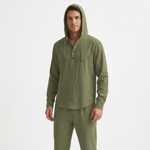 Ensemble de survêtement pour homme, vert olive, à capuche, Henley, manches longues, couleur unie, vêtements de sport décontractés, poches latérales, coton respirant - Product Image 3
