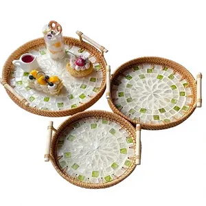Bandeja Redonda de Mimbre con Diseño de Mosaico, Organizador Decorativo de Estilo Bohemio para Mesa - Product Image 5