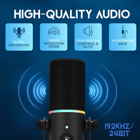 Microphone USB RGB pour jeux avec réduction du bruit, bouton de sourdine, contrôle du volume, prise casque pour le streaming et le podcasting