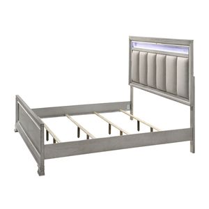 Set Camera da Letto Moderno 3 Pezzi King Size con Illuminazione LED Integrata, Comodino, Testiera Trapuntata, Finitura Effetto Legno, Grigio Morbido, in Legno Massello - Product Image 6