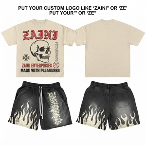 Ensemble T-shirt et short ZAINI pour homme, 100 % polyester, 280 GSM, poids lourd, avec broderie à la main noire en relief, respirant - Product Image 1
