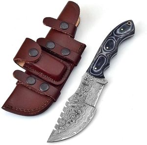 Cuchillo de Caza de Acero de Damasco con Mango de Micarta, Hoja Serrada de Punta Caída, Espiga Completa, Hecho a Mano, Funda de Cuero, Cuchillo para Camping al Aire Libre - Product Image 1
