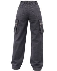 Vaqueros Cargo Grises Personalizados de Cintura Alta y Pierna Ancha con Bolsillos con Cremallera, Estilo Urbano, Pantalones Casuales Holgados para Mujer, OEM Personalizado - Product Image 2