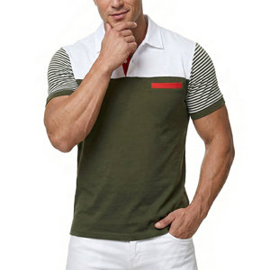 Polo décontracté pour hommes en gros, personnalisé, à blocs de couleur, manches rayées, en coton tricoté, avec poche poitrine, coupe ajustée, pour l'été - Product Image 2